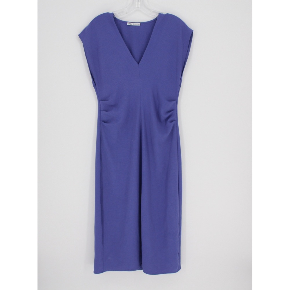 Zara Women's Purple Ruched V-Neck Cap Sleeve Midi‎ Sheath Dress Soze Small